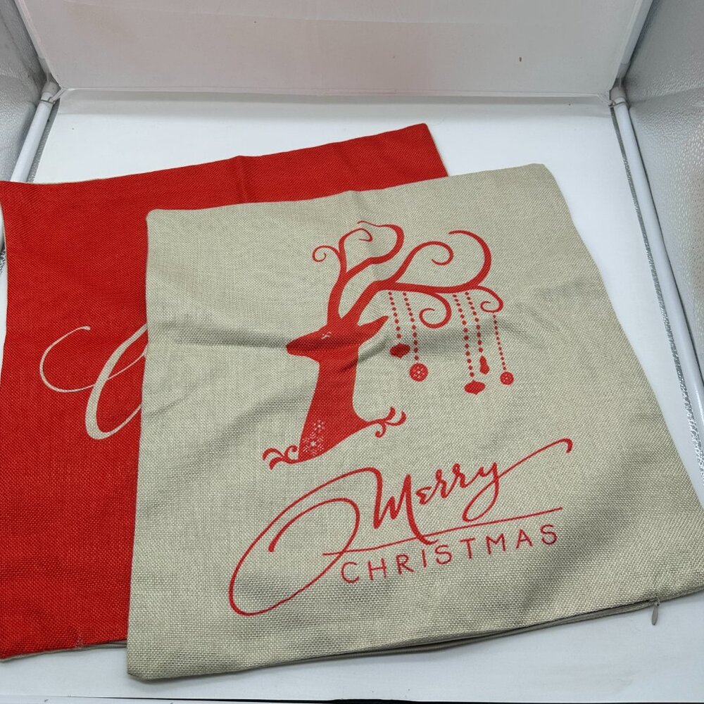 2 EUC Pillow Cover Red Cream Merry Christmas 16" x 16" Square Zipper Closure KFT